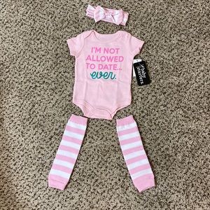3 mth onesie with striped leg warmers and matching bow headband